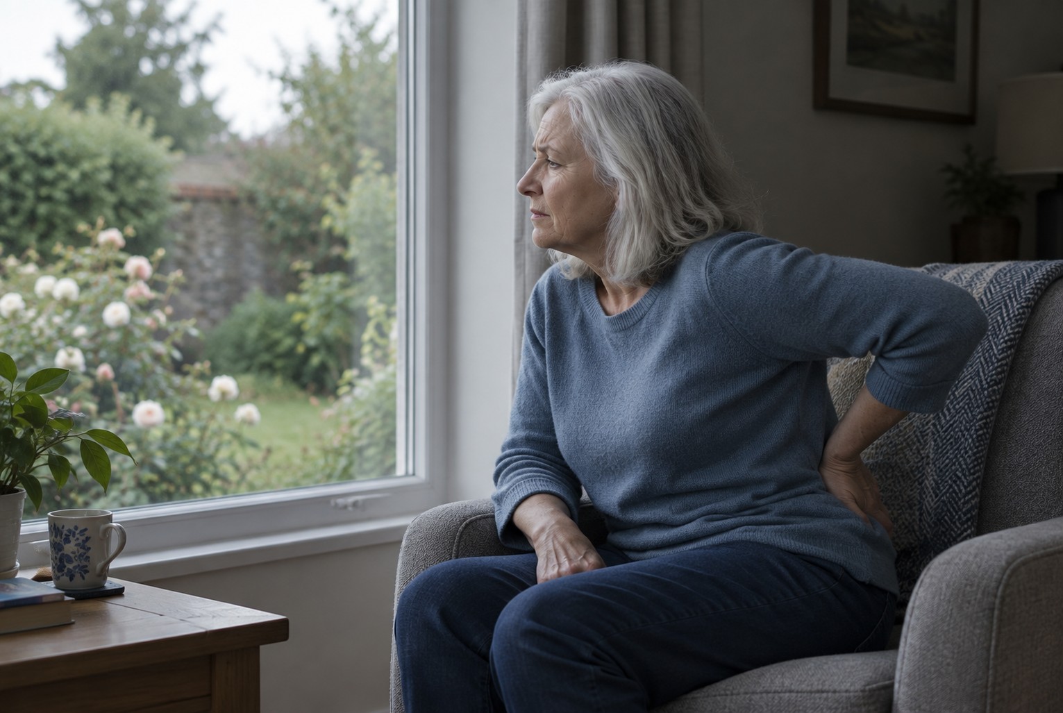 Lady with back pain sitting at home
