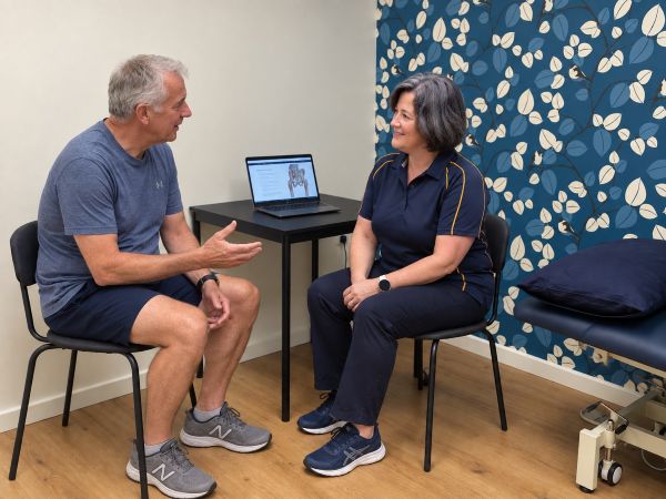 Man discussing condition with therapist at clinic