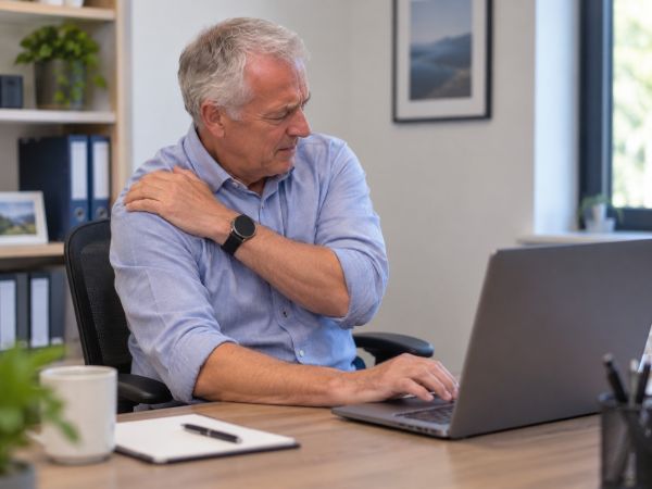Man with painful shoulder, seated at a desk